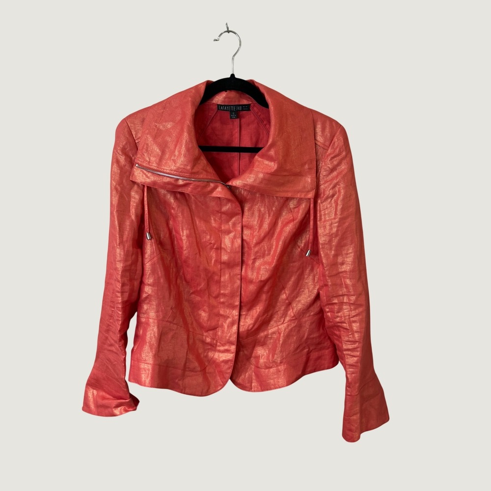Lafayette 148 NY 100% Linen Jacket Copper Metallic Coral Sz 12 Statement Holiday